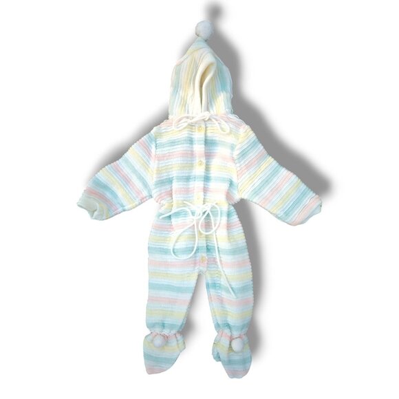 Vintage JCPenney Toddletime Hooded Coverall One Piece Pastel Stripes Size 0-6 M - Picture 1 of 8